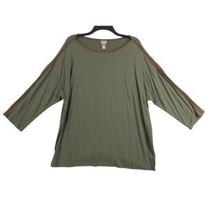 Chicos Olive Green Faux Leather Trim Boat Neck Top Size 3 XL